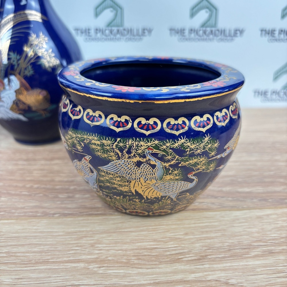 5pc Chinese Cobalt Blue Porcelain Set Vases Bell Bowl Gilt Bird Crane Pheasant - Picture 6 of 13
